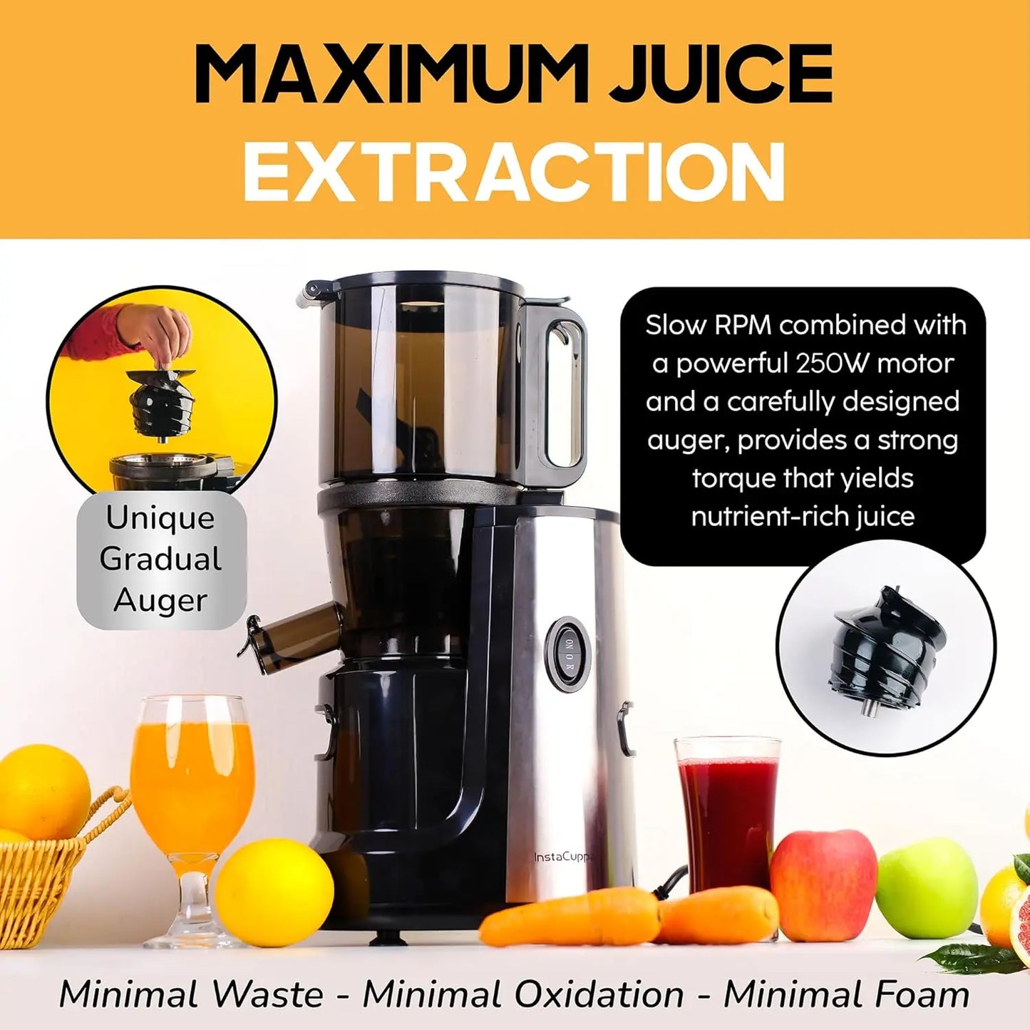InstaCuppa 3-in-1 Cold Press Juicer for Home for Busy Moms, Unique Gradual Shaped Auger, 250W Copper Motor, 5.5” Big Mouth Feed Chute, Quiet, Easy to Clean, BPA-Free, 3L Slow Pressed Juice Machine 