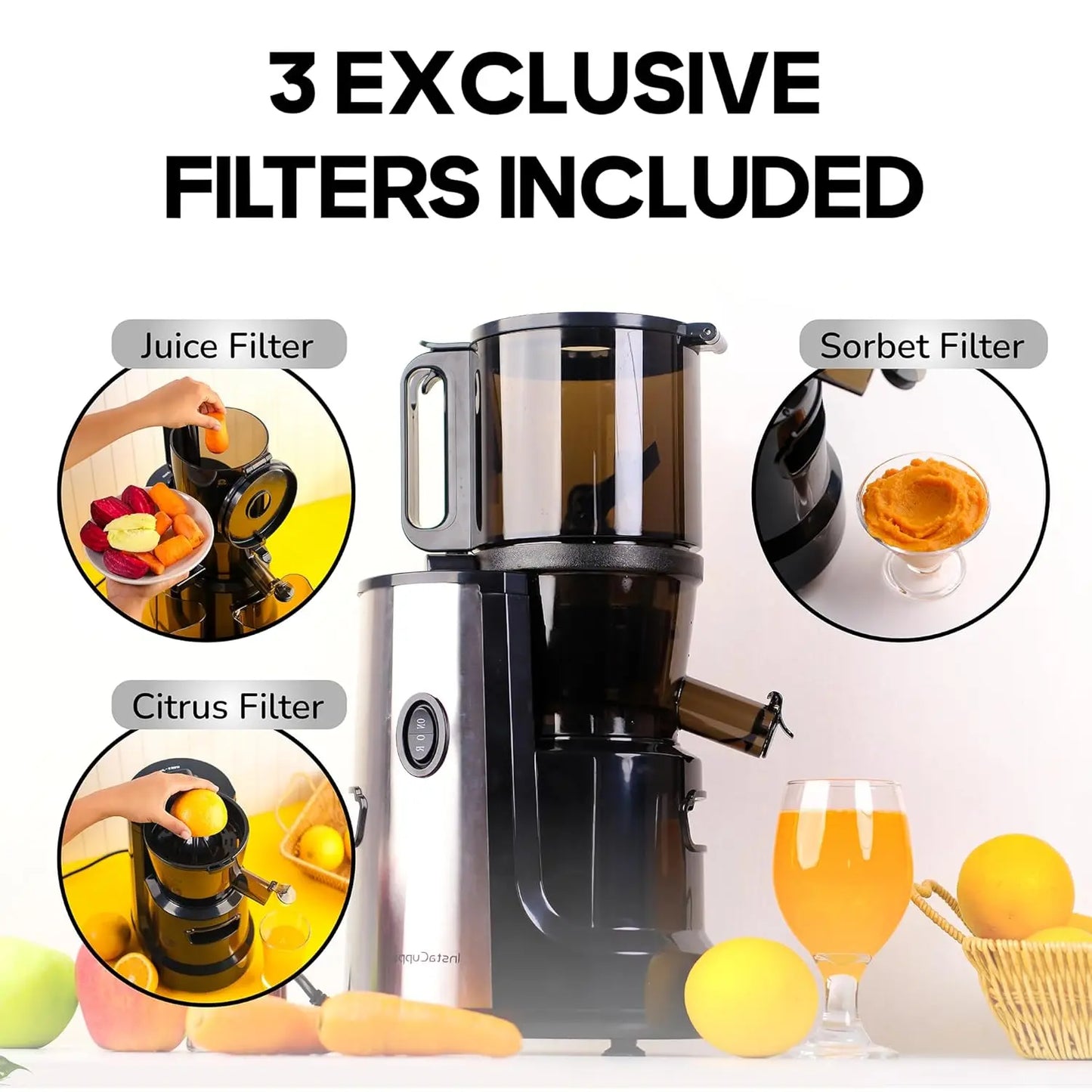 InstaCuppa 3-in-1 Cold Press Juicer for Home for Busy Moms, Unique Gradual Shaped Auger, 250W Copper Motor, 5.5” Big Mouth Feed Chute, Quiet, Easy to Clean, BPA-Free, 3L Slow Pressed Juice Machine 
