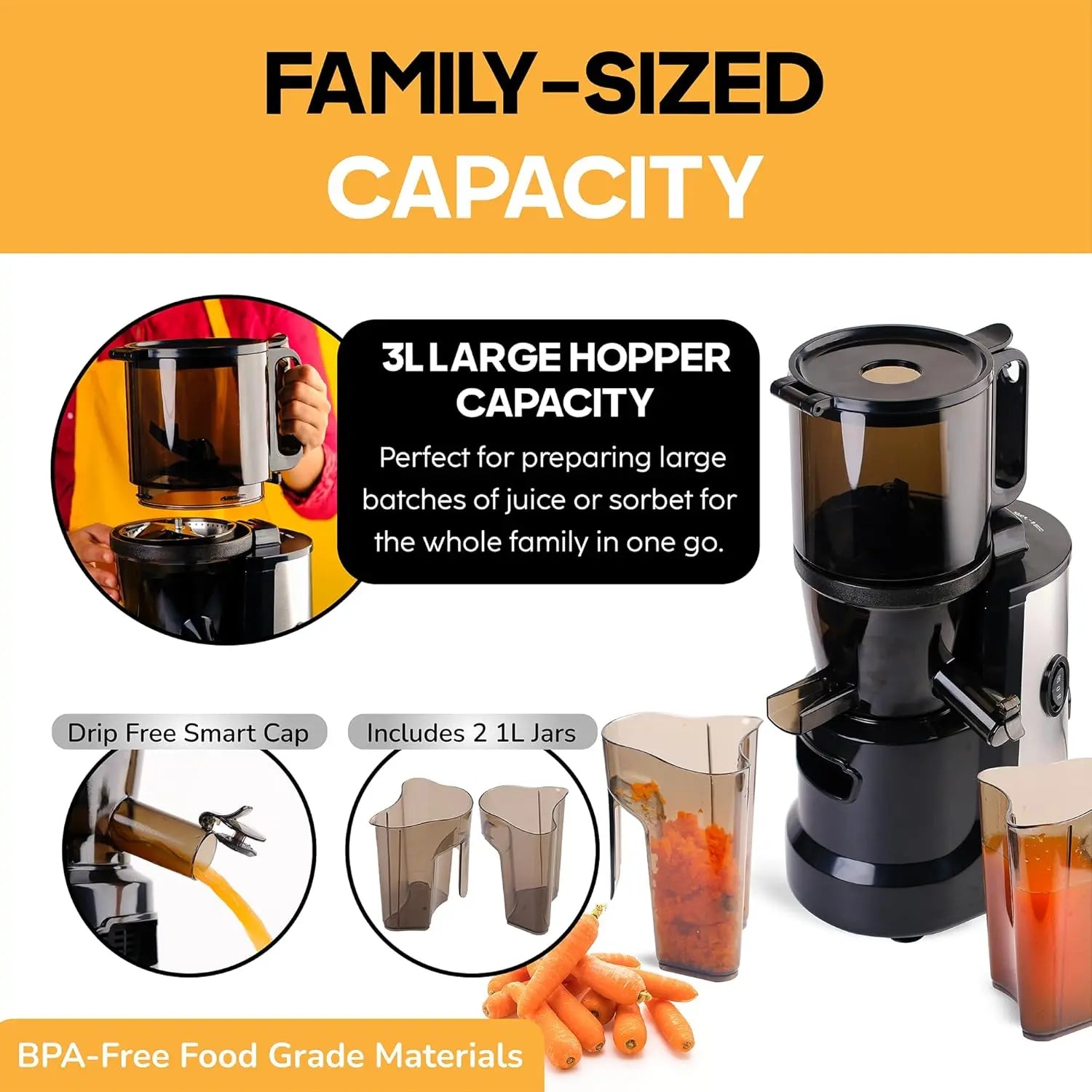 InstaCuppa 3-in-1 Cold Press Juicer for Home for Busy Moms, Unique Gradual Shaped Auger, 250W Copper Motor, 5.5” Big Mouth Feed Chute, Quiet, Easy to Clean, BPA-Free, 3L Slow Pressed Juice Machine 