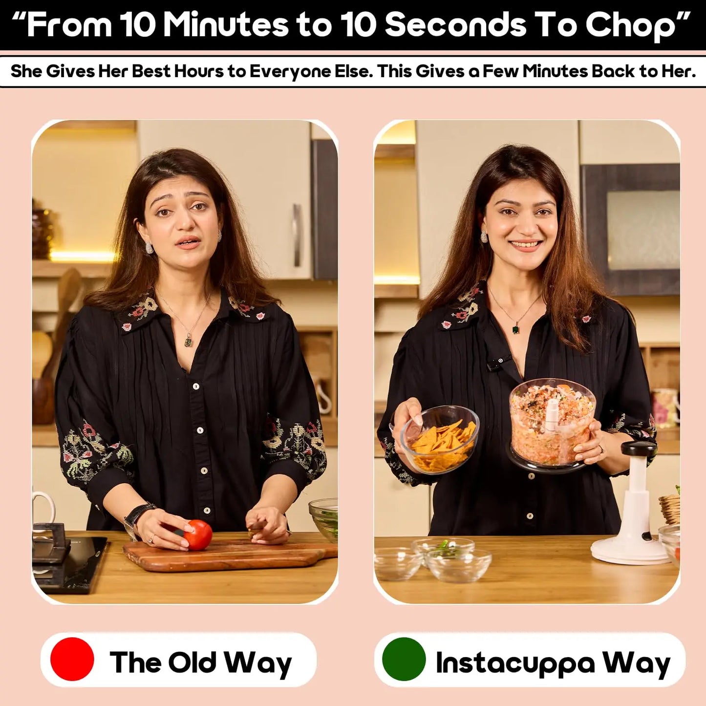 InstaCuppa manual vegetable chopper before and after comparison - the old way vs InstaCuppa way, from 10 minutes to 10 seconds chopping time