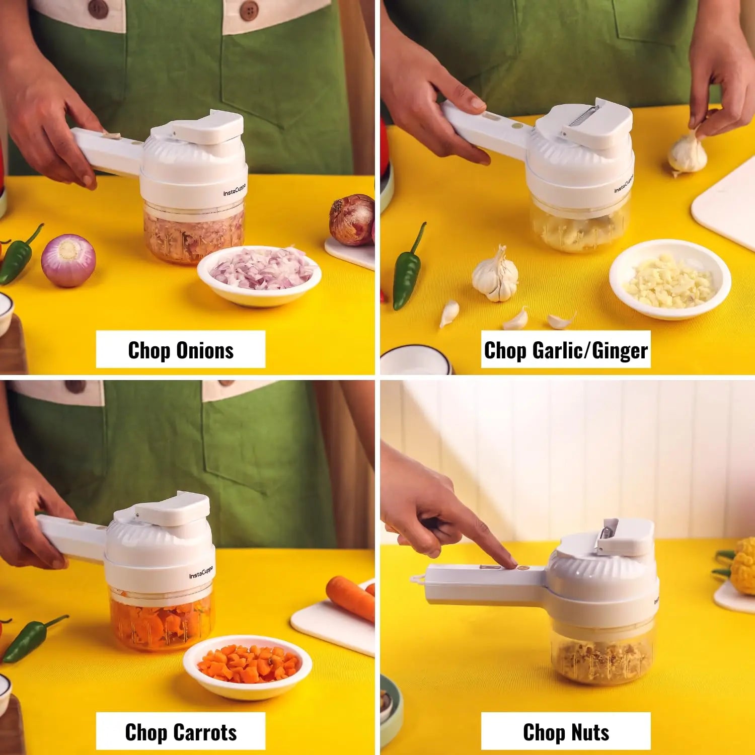 InstaCuppa 3-in-1 Rechargeable Kitchen Chopper, Peeler, and Scrubber - 250ml - Time-Saving Solution for Busy Moms, 250 ml 