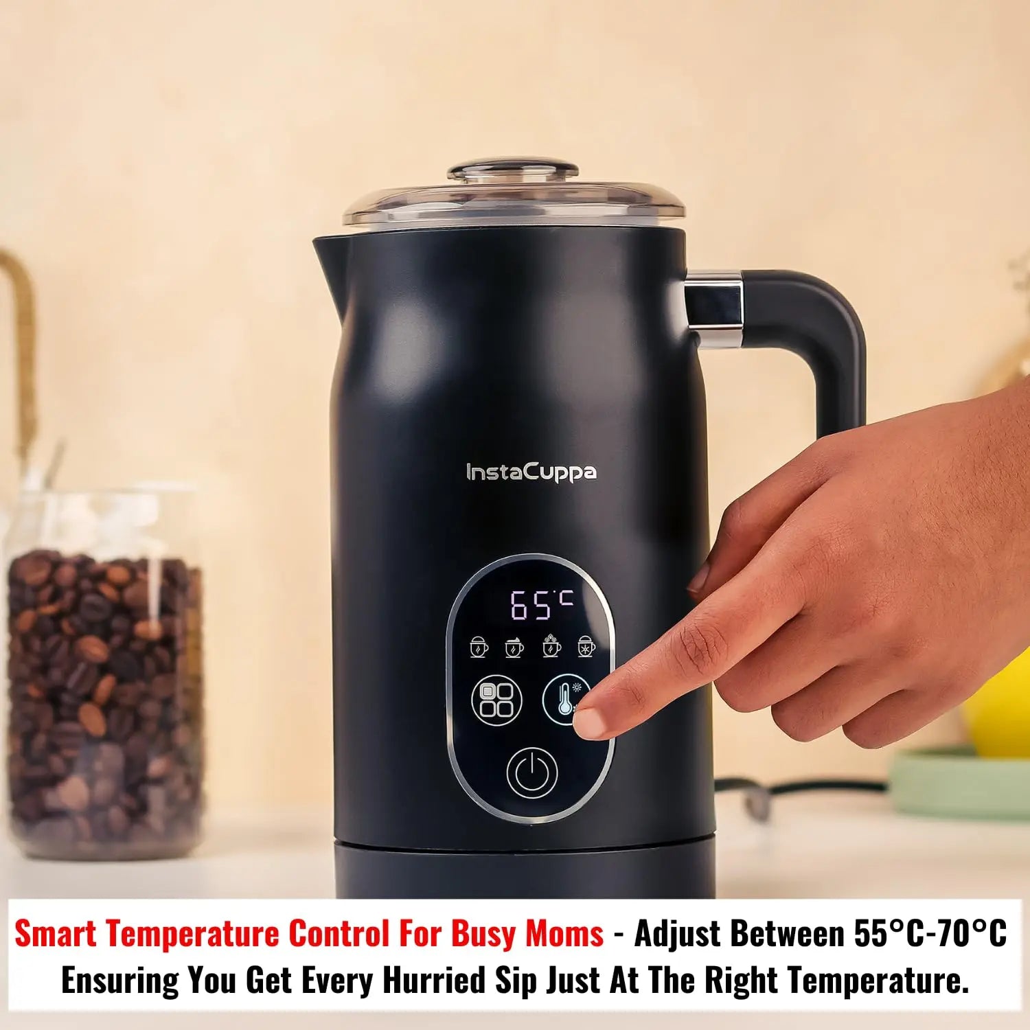 InstaCuppa 4-in-1 Electric Milk Frother with Smart Temperature Control - Touch Panel - Versatile Hot & Cold Foam Maker and Milk Warmer, Ideal for Lattes, Cappuccinos, Hot Chocolate - 500 Watts Black 