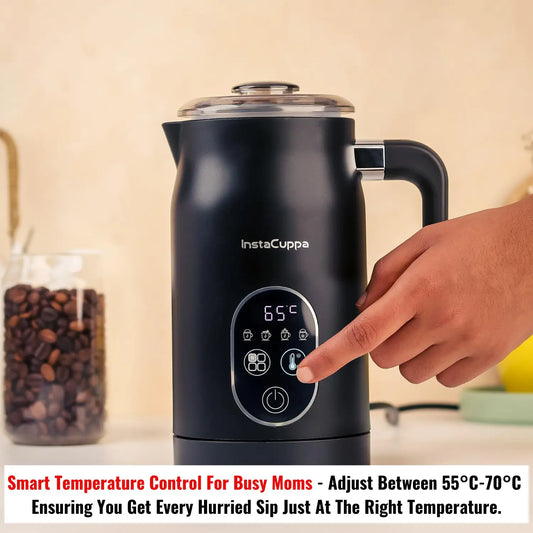 InstaCuppa 4-in-1 Electric Milk Frother with Smart Temperature Control - Touch Panel - Versatile Hot & Cold Foam Maker and Milk Warmer, Ideal for Lattes, Cappuccinos, Hot Chocolate - 500 Watts Black 