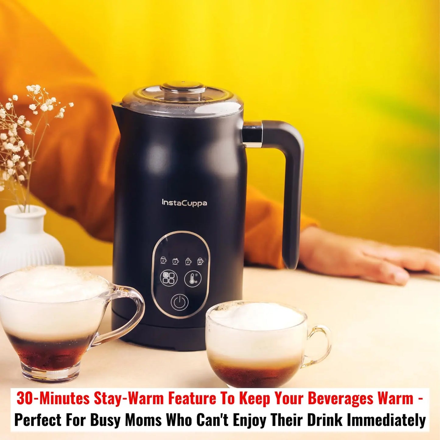 InstaCuppa 4-in-1 Electric Milk Frother with Smart Temperature Control - Touch Panel - Versatile Hot & Cold Foam Maker and Milk Warmer, Ideal for Lattes, Cappuccinos, Hot Chocolate - 500 Watts Black 