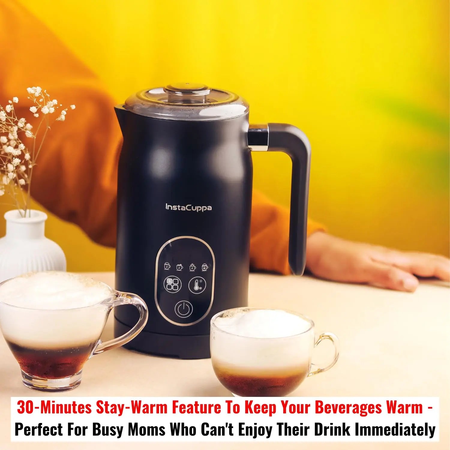 InstaCuppa 4-in-1 Electric Milk Frother with Smart Temperature Control - Touch Panel - Versatile Hot & Cold Foam Maker and Milk Warmer, Ideal for Lattes, Cappuccinos, Hot Chocolate - 500 Watts Black 