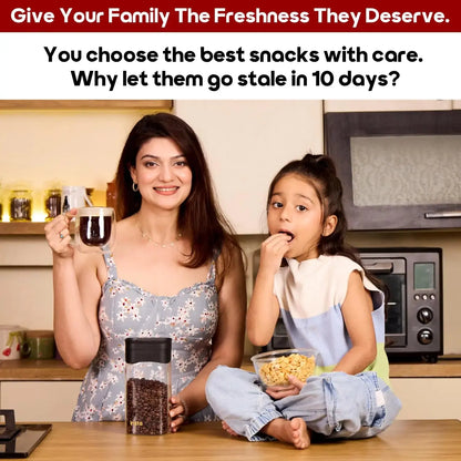 InstaCuppa airtight glass jar with vacuum lid family freshness - Indian mom with coffee and daughter enjoying fresh snacks