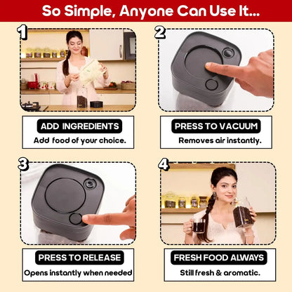 InstaCuppa airtight glass jar with vacuum lid 4-step usage - add ingredients, press vacuum, press release, fresh food always