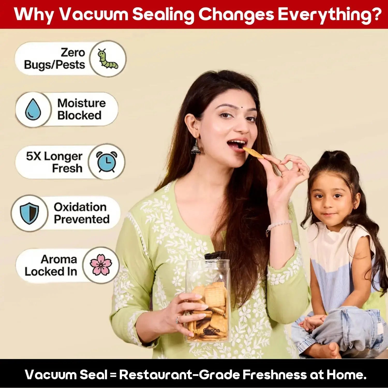 InstaCuppa airtight glass jar with vacuum lid benefits - zero bugs, moisture blocked, 5X longer fresh, aroma locked in