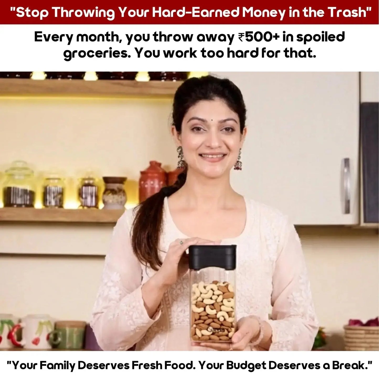 InstaCuppa airtight glass jar with vacuum lid saves ₹500+ monthly - stop throwing money on spoiled dry fruits and groceries