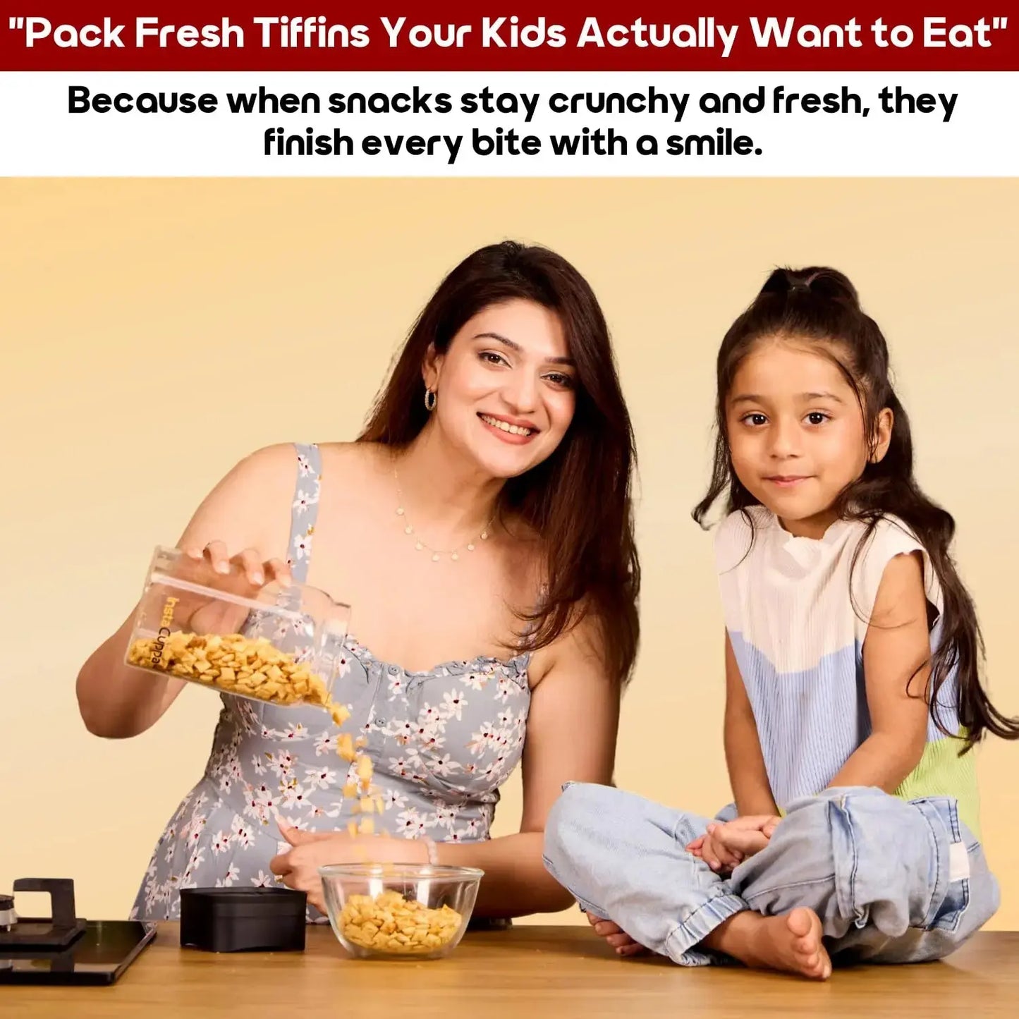 InstaCuppa airtight glass jar with vacuum lid for kids tiffin - mom pouring crunchy fresh snacks for happy daughter