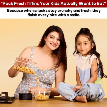 InstaCuppa airtight glass jar with vacuum lid for kids tiffin - mom pouring crunchy fresh snacks for happy daughter