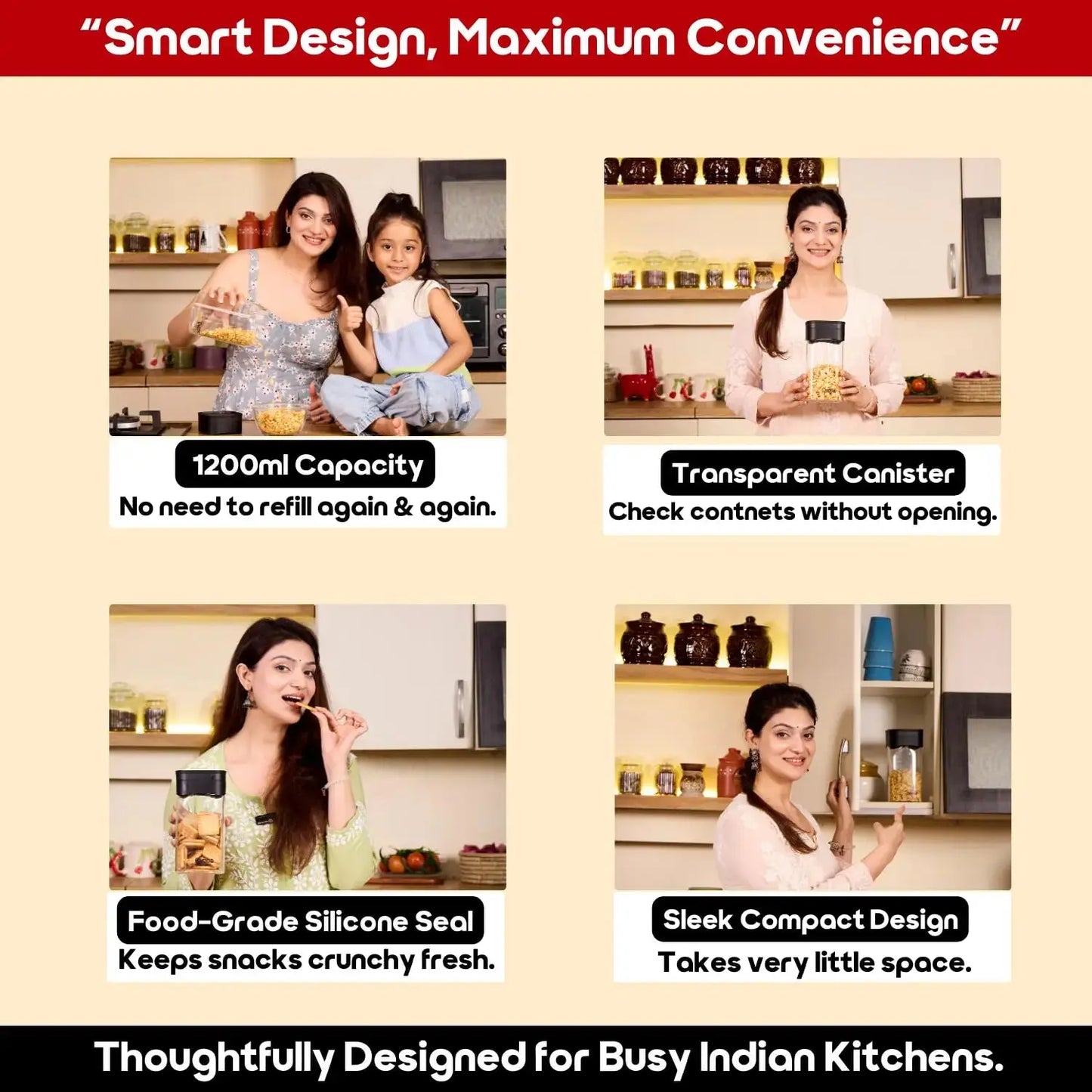 InstaCuppa airtight glass jar with vacuum lid smart design - 1200ml capacity, transparent, silicone seal, compact for Indian kitchens