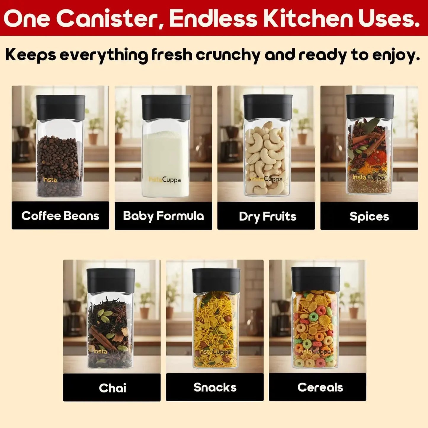 InstaCuppa airtight glass jar with vacuum lid endless uses - coffee beans, baby formula, dry fruits, spices, chai, snacks, cereals