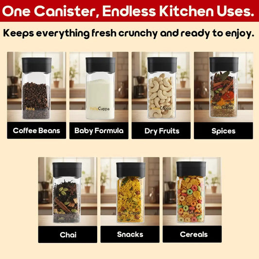 InstaCuppa airtight glass jar with vacuum lid endless uses - coffee beans, baby formula, dry fruits, spices, chai, snacks, cereals
