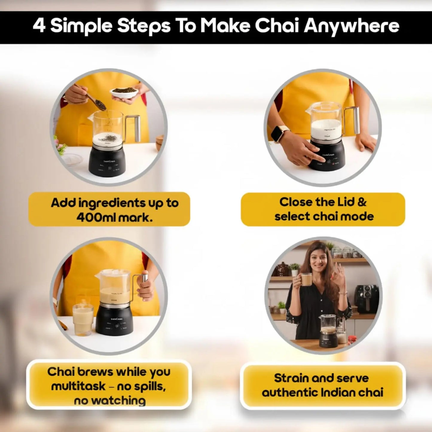 InstaCuppa Automatic Chai Maker with Auto Shut-Off - Make 400ML Indian Tea in 8-10 Minutes with No Spills or Mess, 4-in-1 Electric Brewer for Chai/Coffee/Boiling Milk/Frothing - Perfect for Busy Moms 