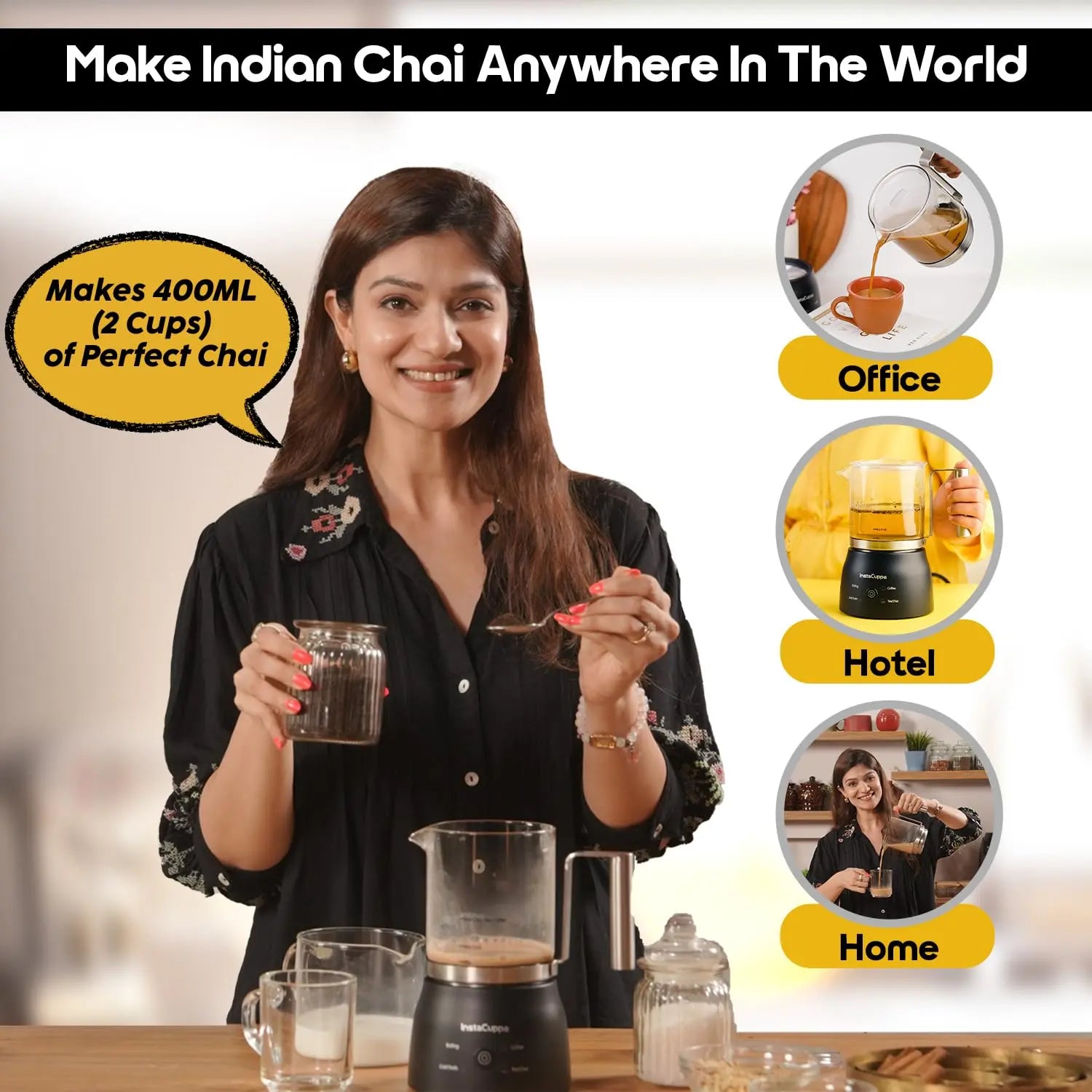 InstaCuppa Automatic Chai Maker with Auto Shut-Off - Make 400ML Indian Tea in 8-10 Minutes with No Spills or Mess, 4-in-1 Electric Brewer for Chai/Coffee/Boiling Milk/Frothing - Perfect for Busy Moms 