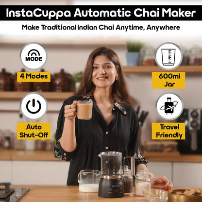 InstaCuppa Automatic Chai Maker with Auto Shut-Off - Make 400ML Indian Tea in 8-10 Minutes with No Spills or Mess, 4-in-1 Electric Brewer for Chai/Coffee/Boiling Milk/Frothing - Perfect for Busy Moms 