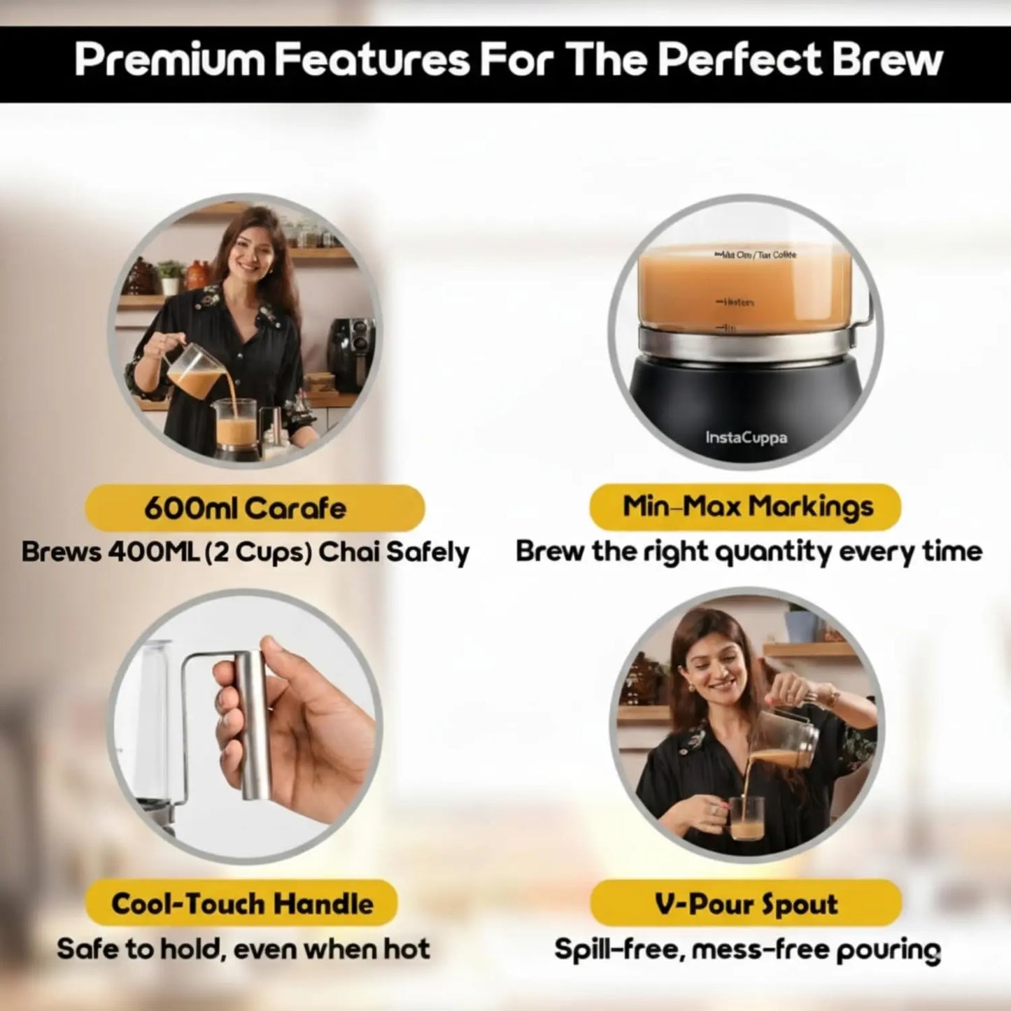 InstaCuppa Automatic Chai Maker with Auto Shut-Off - Make 400ML Indian Tea in 8-10 Minutes with No Spills or Mess, 4-in-1 Electric Brewer for Chai/Coffee/Boiling Milk/Frothing - Perfect for Busy Moms 
