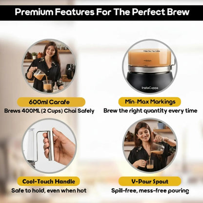 InstaCuppa Automatic Chai Maker with Auto Shut-Off - Make 400ML Indian Tea in 8-10 Minutes with No Spills or Mess, 4-in-1 Electric Brewer for Chai/Coffee/Boiling Milk/Frothing - Perfect for Busy Moms 