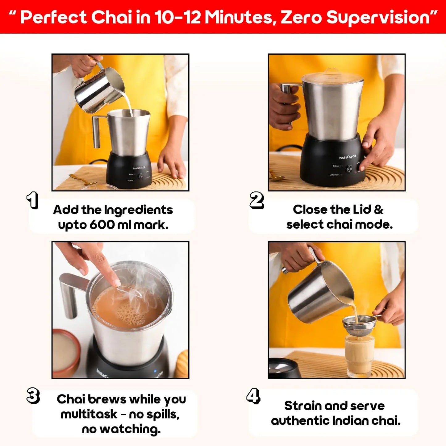 InstaCuppa Automatic Chai Maker with Auto Shut-Off - Make 600ML Indian Tea in 10-12 Minutes with No Spills or Mess, 4-in-1 Electric Brewer for Chai/Coffee/Boiling Milk/Frothing - Perfect for Busy Moms