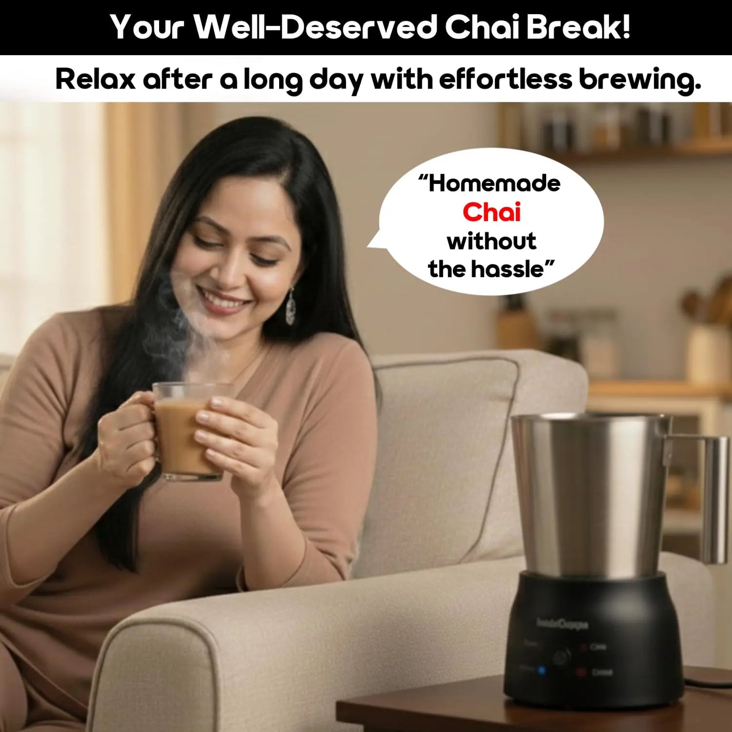 InstaCuppa Automatic Chai Maker with Auto Shut-Off - Make 600ML Indian Tea in 10-12 Minutes with No Spills or Mess, 4-in-1 Electric Brewer for Chai/Coffee/Boiling Milk/Frothing - Perfect for Busy Moms