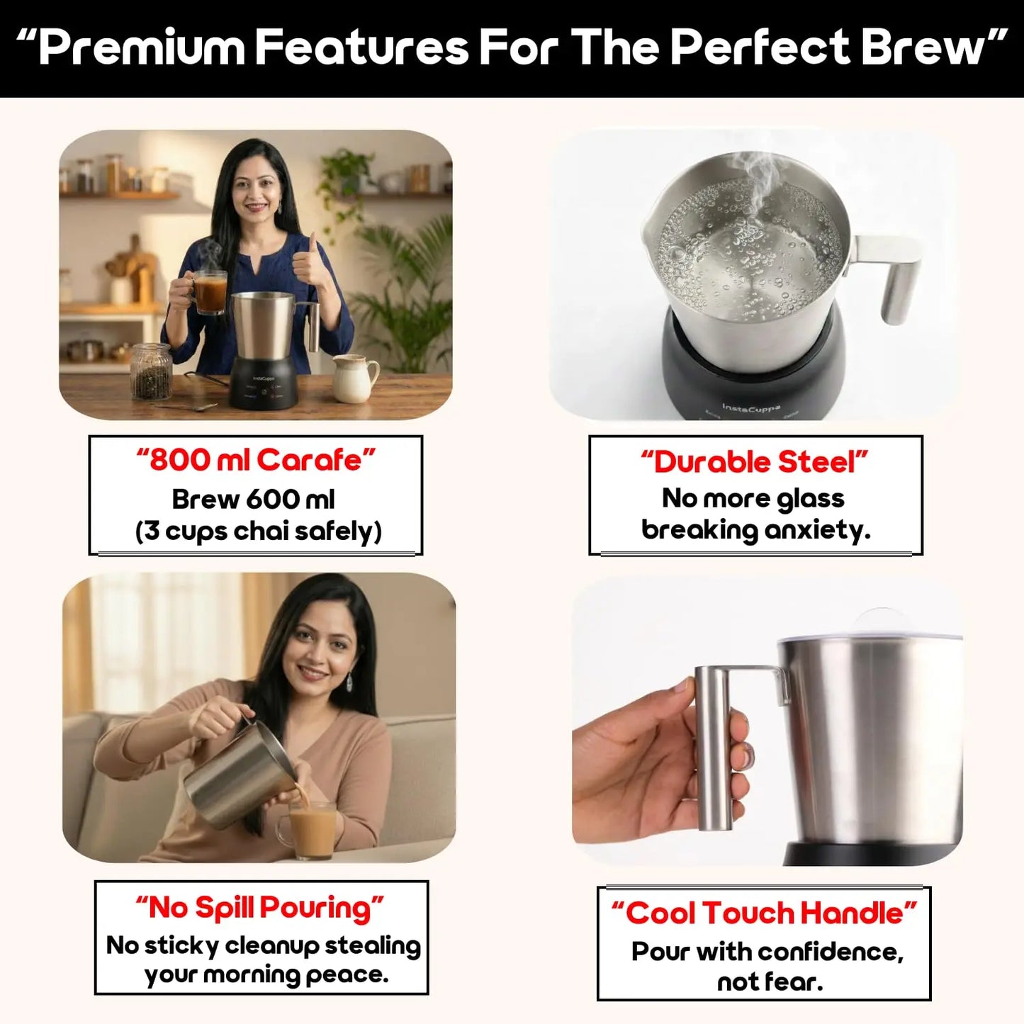 InstaCuppa Automatic Chai Maker with Auto Shut-Off - Make 600ML Indian Tea in 10-12 Minutes with No Spills or Mess, 4-in-1 Electric Brewer for Chai/Coffee/Boiling Milk/Frothing - Perfect for Busy Moms