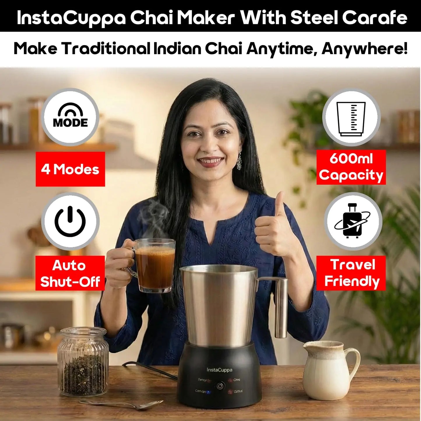 InstaCuppa Automatic Chai Maker with Auto Shut-Off - Make 600ML Indian Tea in 10-12 Minutes with No Spills or Mess, 4-in-1 Electric Brewer for Chai/Coffee/Boiling Milk/Frothing - Perfect for Busy Moms