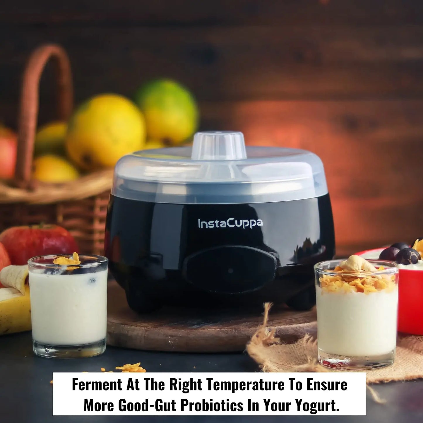 InstaCuppa Automatic Curd Maker Machine with probiotic yogurt parfaits — enough for entire family in one batch