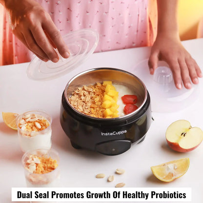 InstaCuppa Automatic Curd Maker Machine dual seal promotes healthy probiotics — mom adding fresh fruits and cereals to yogurt