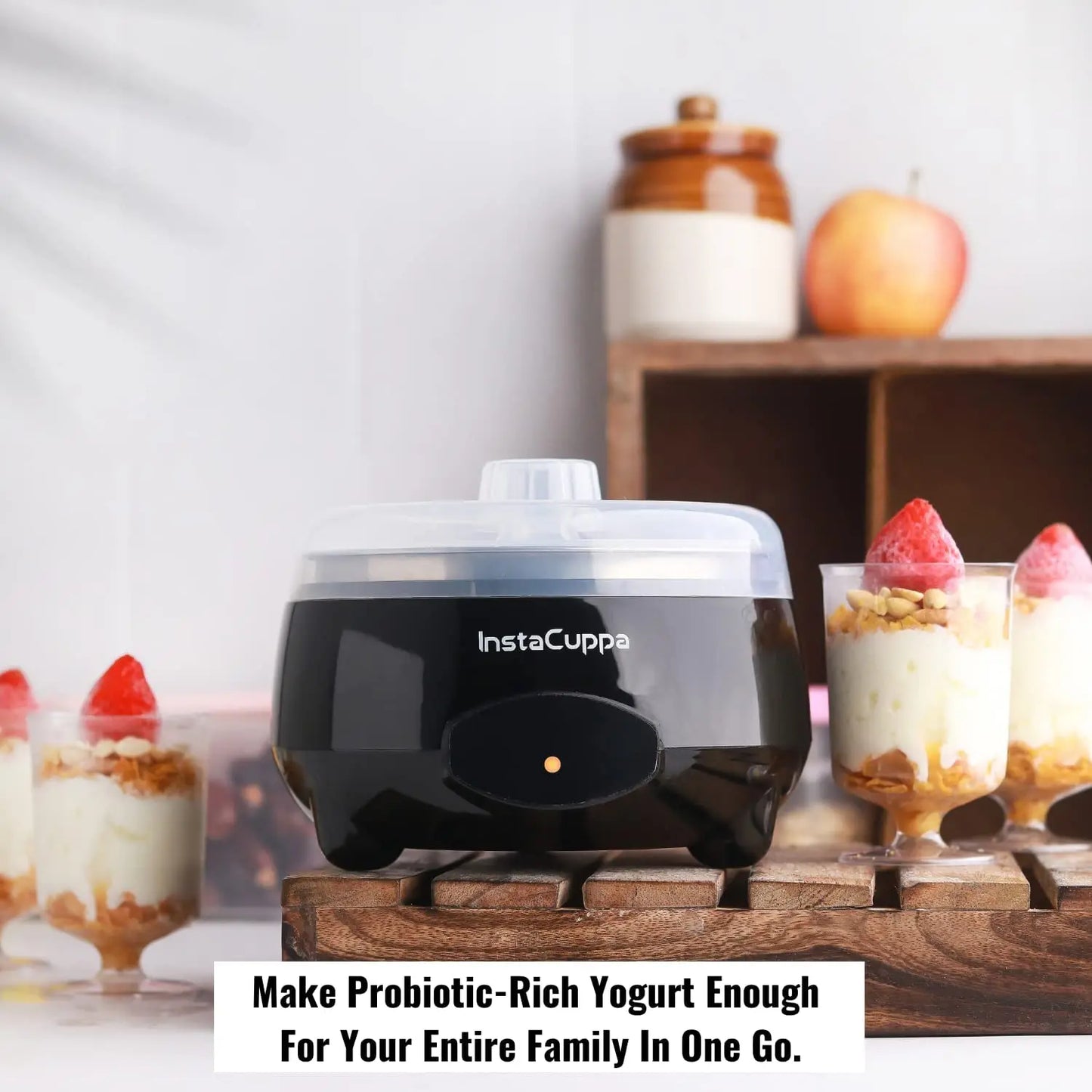 InstaCuppa Automatic Curd Maker Machine ferments at right temperature for gut-healthy probiotic yogurt with fresh fruits