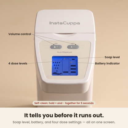InstaCuppa Automatic Soap Dispenser - LCD showing soap, dose and battery levels · touchless · 350 ml