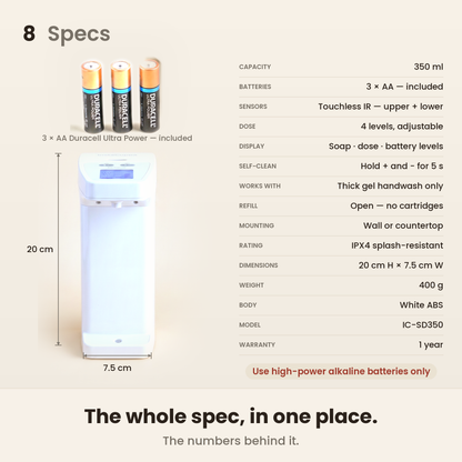 InstaCuppa Automatic Soap Dispenser - specifications, 20 cm x 7.5 cm, 400 g · touchless · 350 ml