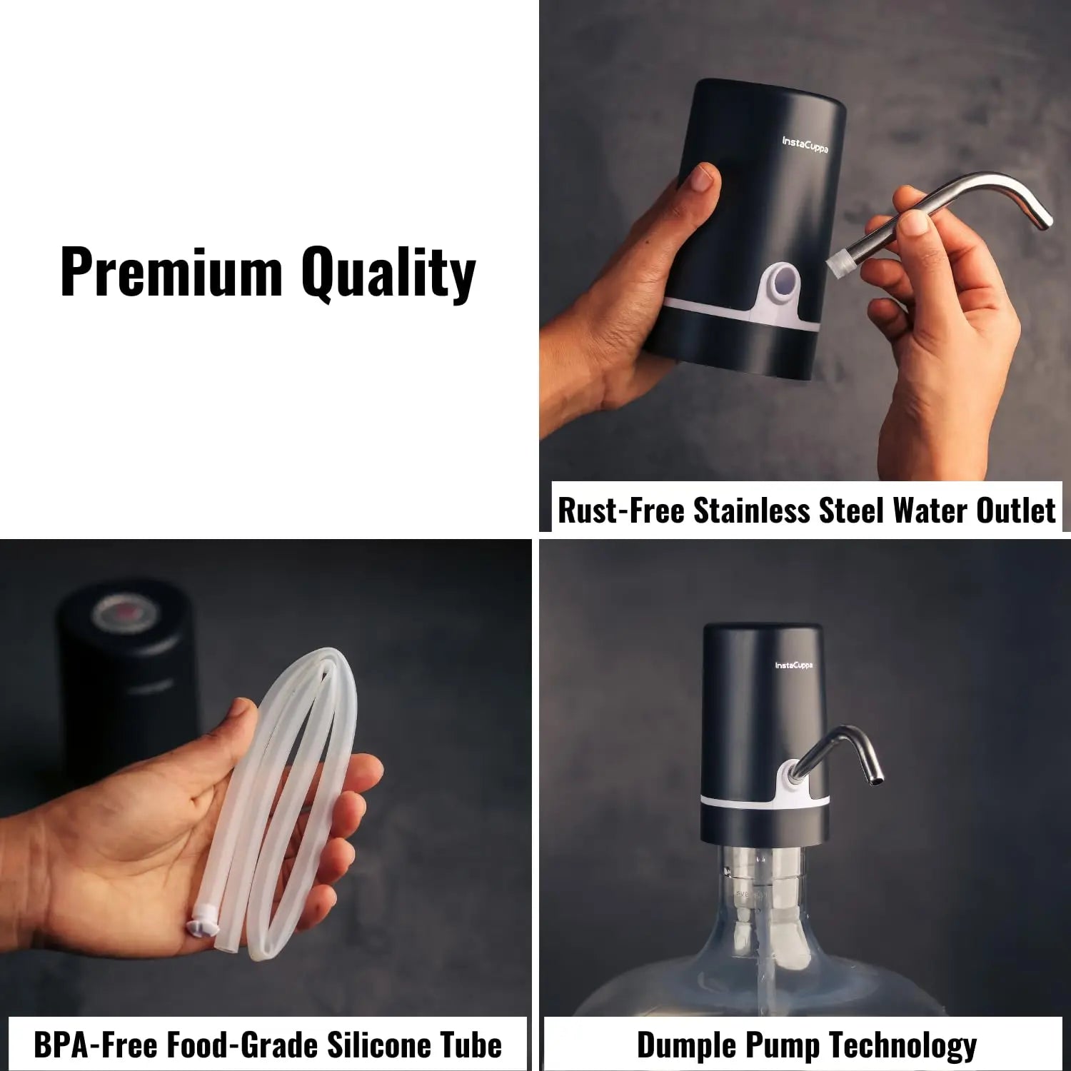 InstaCuppa Automatic Water Dispenser for 20 Liter Cans with Child Lock Feature, USB Rechargeable, Steel Water Outlet, LED Display 
