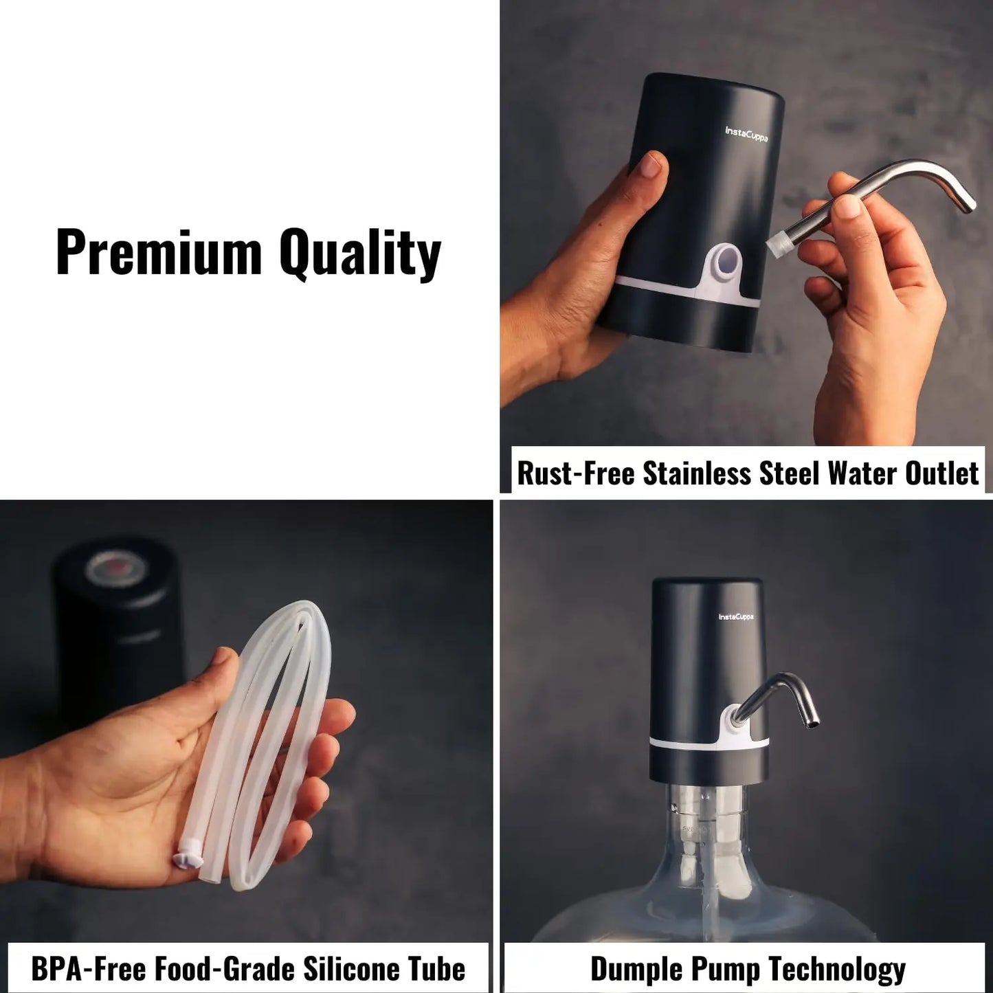 InstaCuppa Automatic Water Dispenser for 20 Liter Cans with Child Lock Feature, USB Rechargeable, Steel Water Outlet, LED Display 