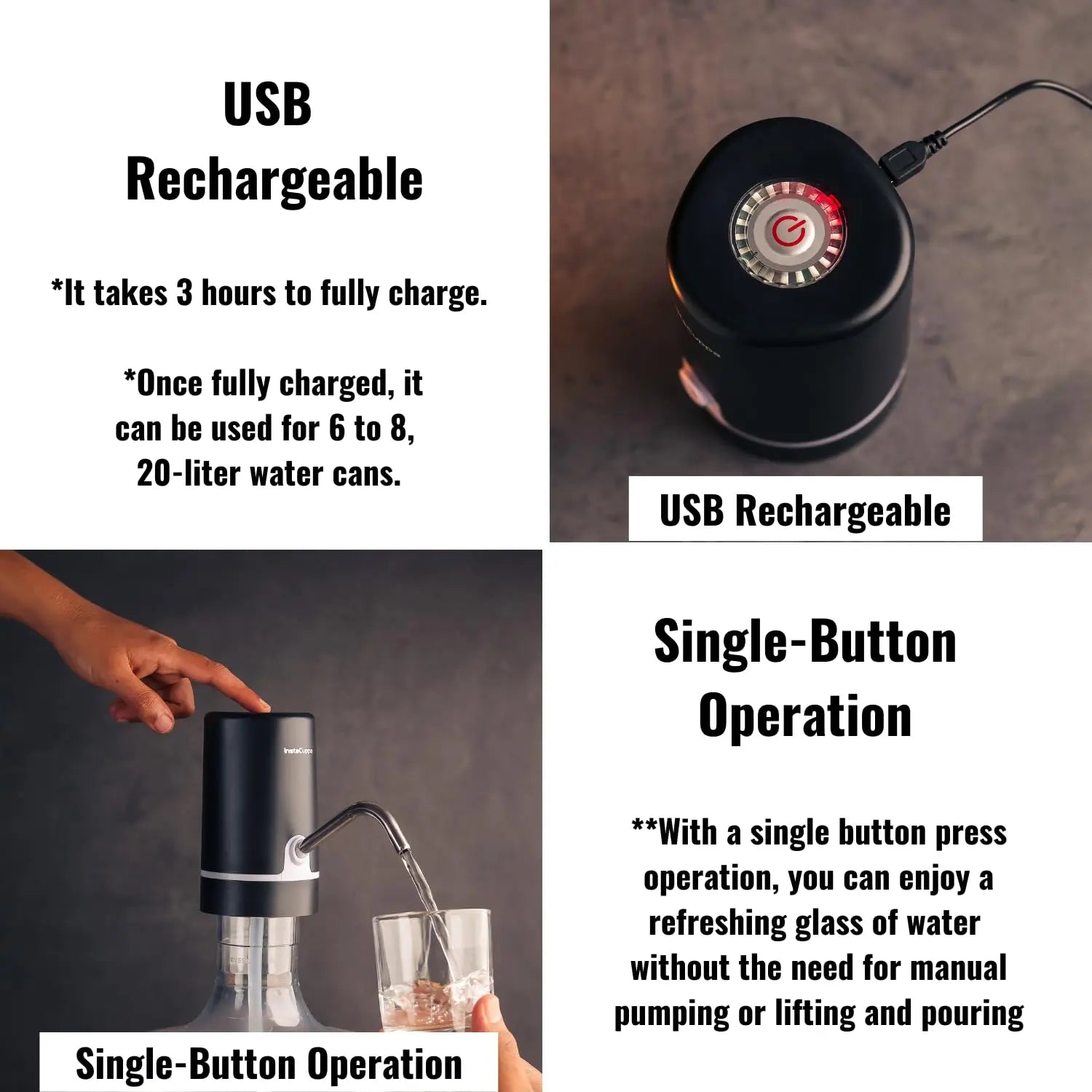 InstaCuppa Automatic Water Dispenser for 20 Liter Cans with Child Lock Feature, USB Rechargeable, Steel Water Outlet, LED Display 