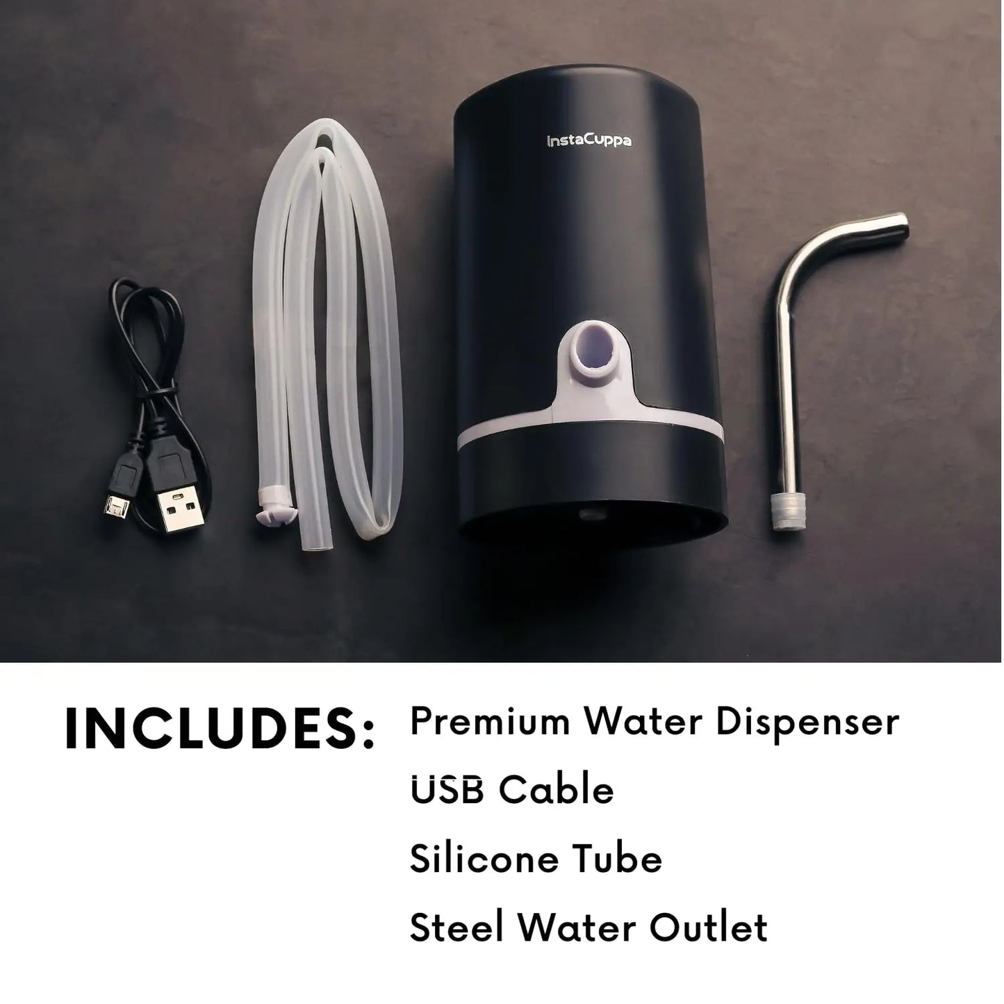 InstaCuppa Automatic Water Dispenser for 20 Liter Cans with Child Lock Feature, USB Rechargeable, Steel Water Outlet, LED Display 