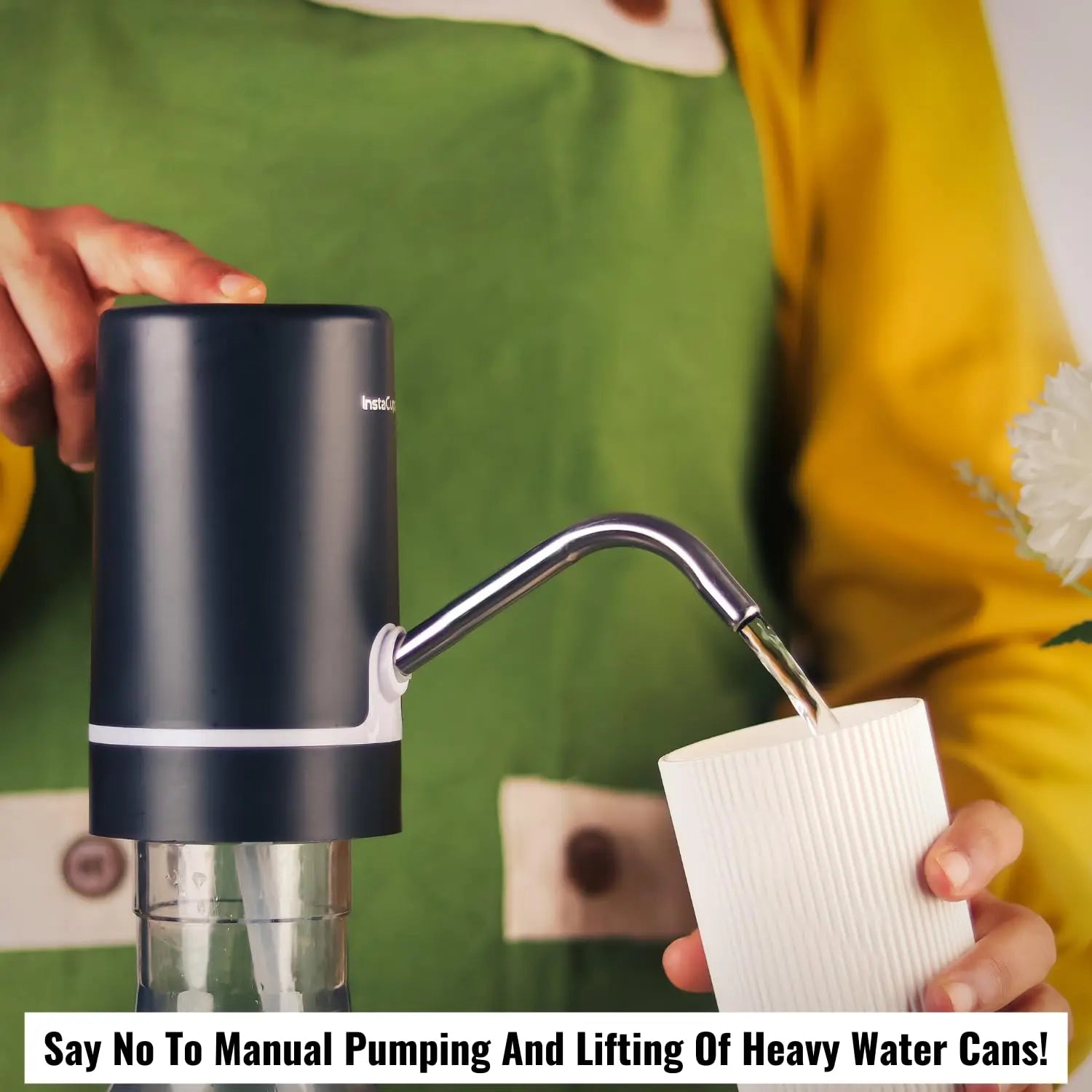InstaCuppa Automatic Water Dispenser for 20 Liter Cans with Child Lock Feature, USB Rechargeable, Steel Water Outlet, LED Display 