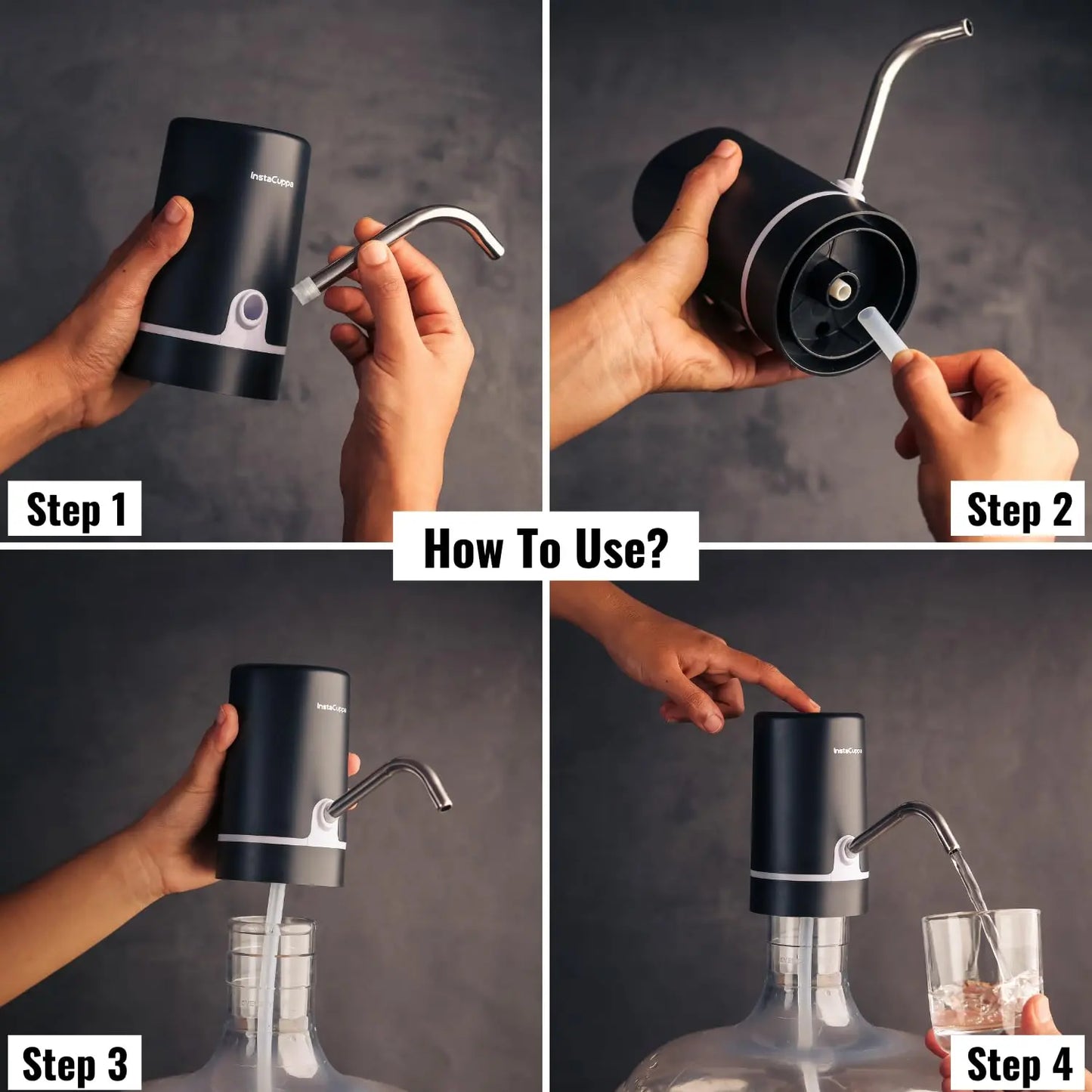 InstaCuppa Automatic Water Dispenser for 20 Liter Cans, Child Lock,USB Rechargeable Pump, Stainless Steel Water Outlet, LED Display, Portable Water Pump for Home, Office, Camping 