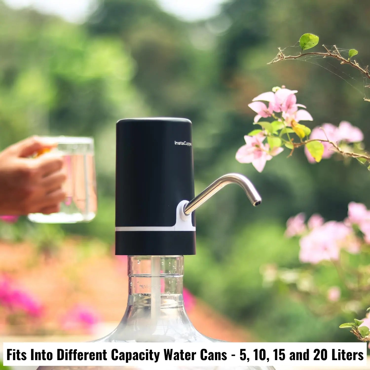 InstaCuppa Automatic Water Dispenser for 20 Liter Cans, Child Lock,USB Rechargeable Pump, Stainless Steel Water Outlet, LED Display, Portable Water Pump for Home, Office, Camping 