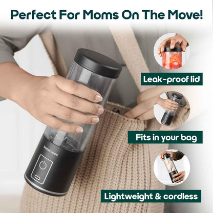 InstaCuppa portable blender version 5 held by mom on the move - leak-proof lid lightweight cordless fits in your bag