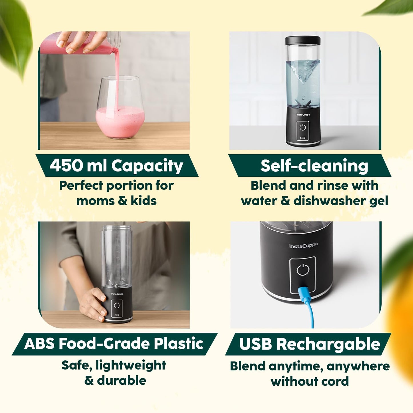InstaCuppa portable blender version 5 feature panel - 450 ml self-cleaning food-grade ABS USB rechargeable cordless