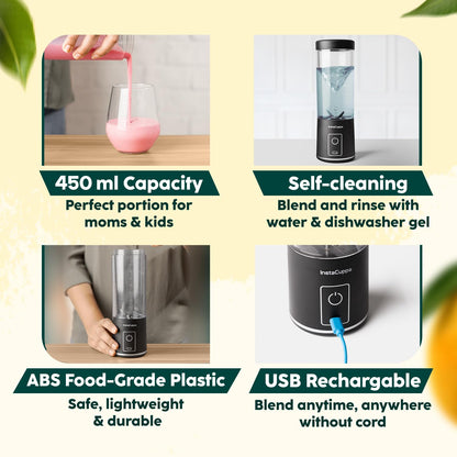 InstaCuppa portable blender version 5 feature panel - 450 ml self-cleaning food-grade ABS USB rechargeable cordless