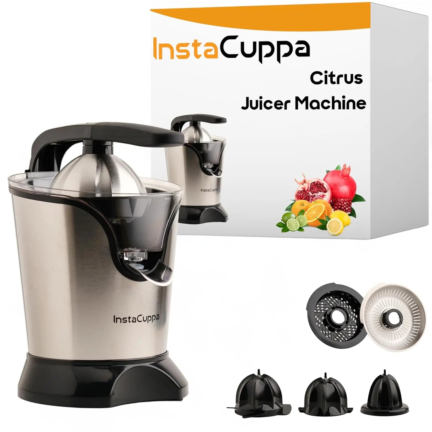 InstaCuppa Citrus Juicer Electrical for Busy Moms, Quiet Copper DC Motor Juice Machine, 3 Cone Sizes, Effortless Ergonomic Handle, Electric Juicer for Fruits, BPA-Free, Easy to Clean, 1-Year Warranty 