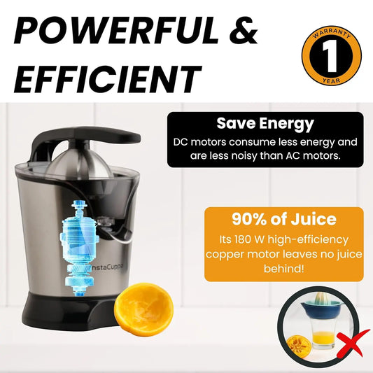 InstaCuppa Citrus Juicer Electrical for Busy Moms, Quiet Copper DC Motor Juice Machine, 3 Cone Sizes, Effortless Ergonomic Handle, Electric Juicer for Fruits, BPA-Free, Easy to Clean, 1-Year Warranty 