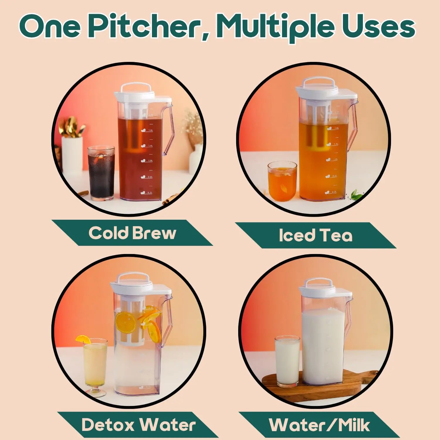 InstaCuppa Cold Brew Coffee Maker 2.2L – BPA-Free Jug with Measurement Markings, Fine Nylon Mesh Filter, Airtight Lid, Leak-Proof V-Spout, Easy-Grip Handle, Iced Coffee Maker Pitcher 