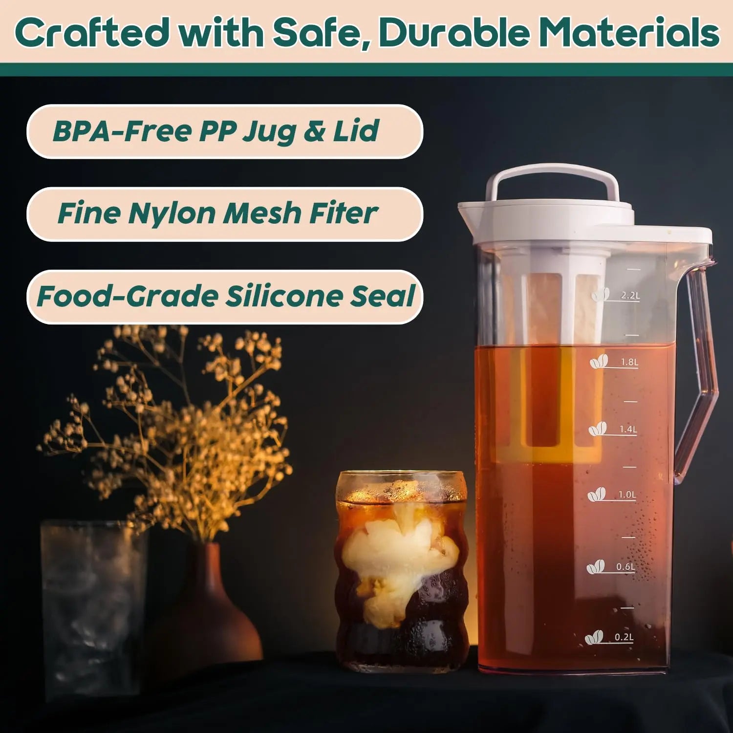 InstaCuppa Cold Brew Coffee Maker 2.2L – BPA-Free Jug with Measurement Markings, Fine Nylon Mesh Filter, Airtight Lid, Leak-Proof V-Spout, Easy-Grip Handle, Iced Coffee Maker Pitcher 