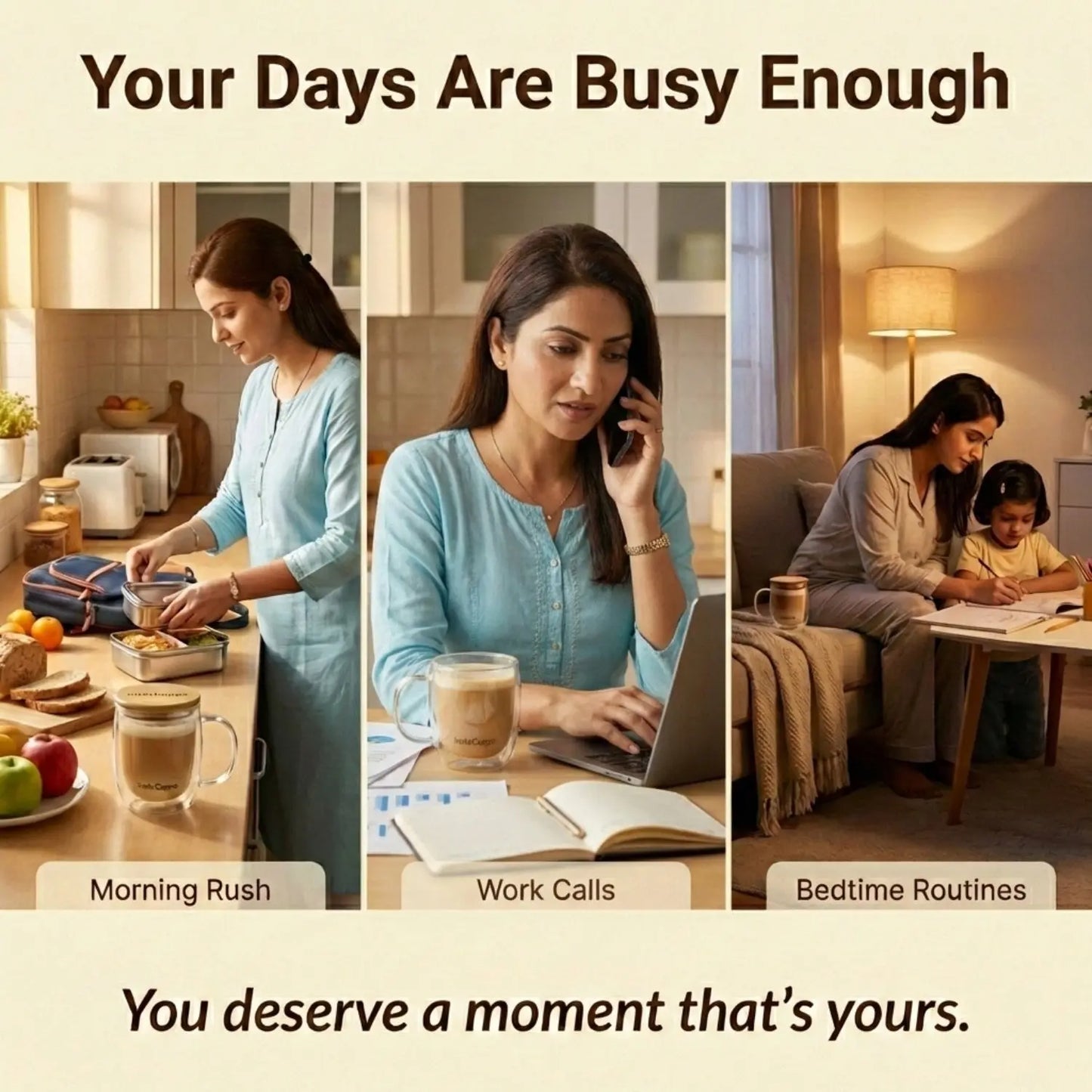 InstaCuppa Double Wall Glass Coffee Mug for busy moms - morning rush, work calls, bedtime routines