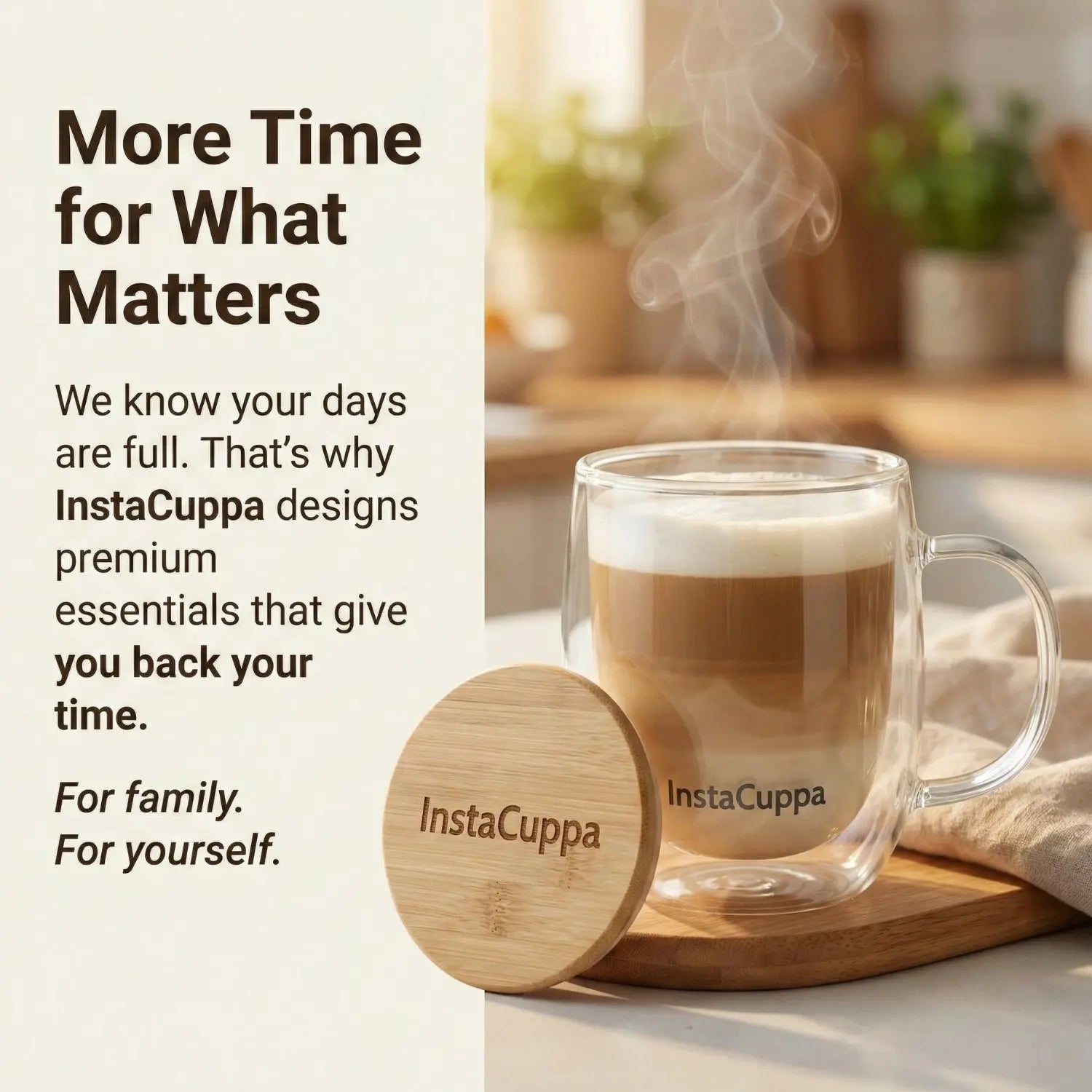 InstaCuppa Double Wall Glass Coffee Mug with bamboo lid coaster - more time for family and yourself