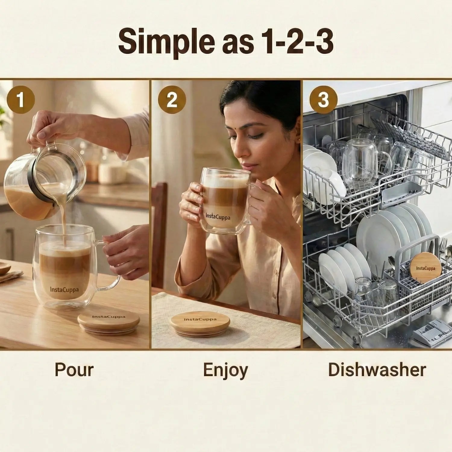InstaCuppa Double Wall Glass Coffee Mug simple as 1-2-3 - pour, enjoy, dishwasher safe cleaning