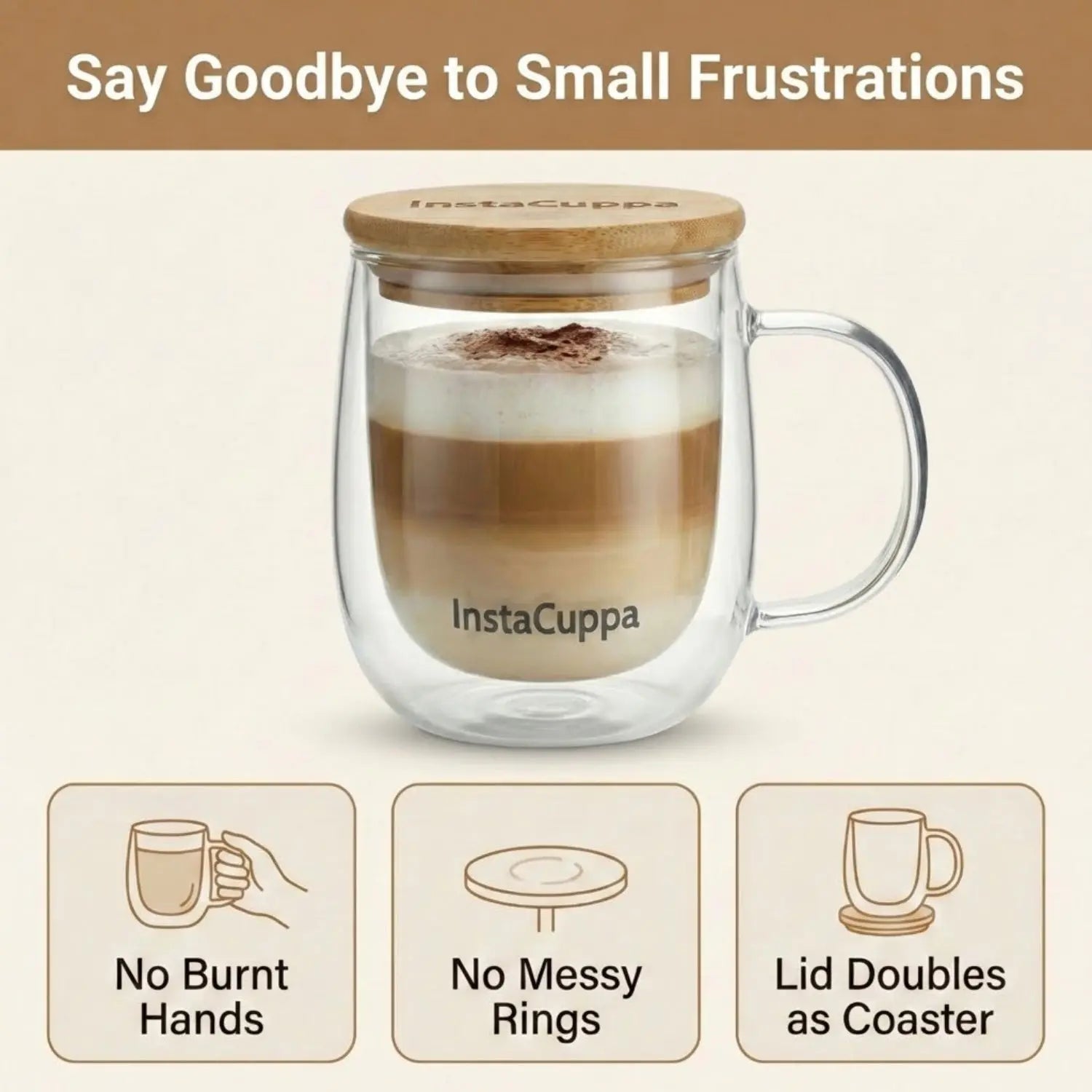 InstaCuppa Double Wall Glass Coffee Mug solves frustrations - no burnt hands, no rings, lid doubles as coaster